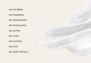 White fabric with a list of excluded ingredients on a beige background