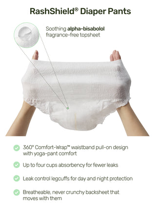 RashShield diaper pants with features highlighted on a white background
