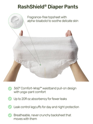RashShield Diapers infographic with bullet points. The bullet points state that it has a stretchy, soft waistband with yoga-pant comfort. Up to four cups absorbency for fewer leaks. Leak control legcuffs for day and night protection. Fragrance-free topsheet that helps protect against irritation. Breatheable, never crunchy backsheet that moves with your baby.
