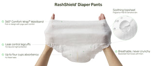 RashShield diaper pants being held up with features listed on a white background
