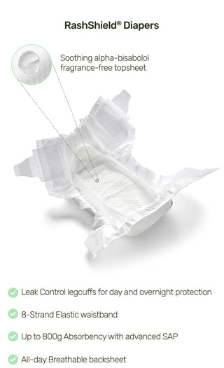 RashShield diapers with features listed on a white background

