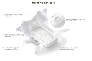 RashShield Diapers with features listed on a white background
