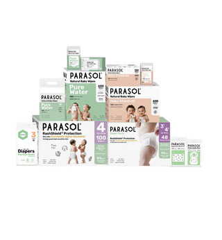 Collection of Parasol baby products including diapers and wipes on a light background

