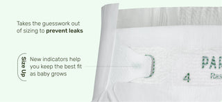 White diaper with text indicating size guidance and leak prevention features.
