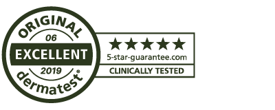 Dermatest certification badge with five stars and text on a white background