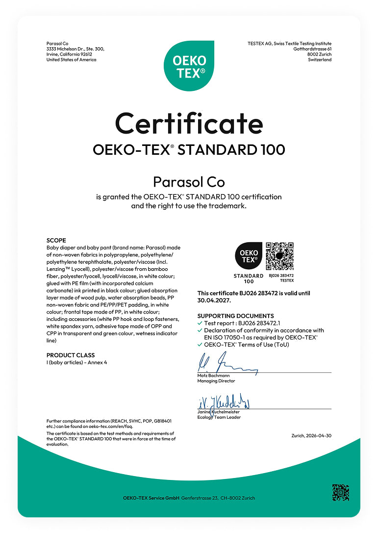 Oeko-Tex Standard 100 certification certificate for Parasol Co.