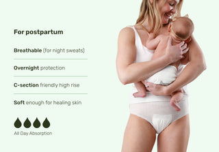 A postpartum mother wearing a white maternity nursing tank top and a white incontinence brief while holding a baby, shown on a pale green background with product feature text on the left.
