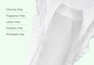 White shorts with text indicating 'Chlorine-free', 'Fragrance-free', 'Lotion-free', 'Paraben-free', and 'Phthalate-free' on a light green background.

