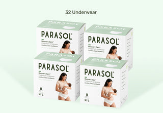 Parasol underwear packaging with images of women and babies on a white background
