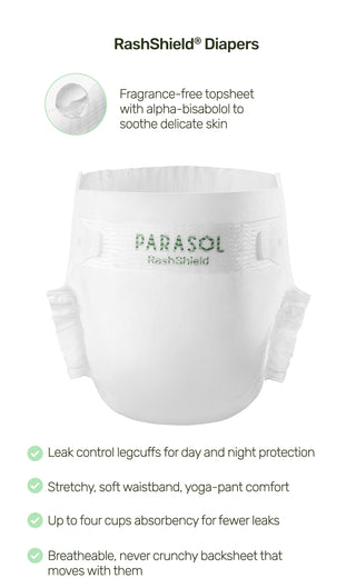 RashShield Diapers infographic with bullet points. The bullet points state that it has a stretchy, soft waistband with yoga-pant comfort. Up to four cups absorbency for fewer leaks. Leak control legcuffs for day and night protection. Fragrance-free topsheet that helps protect against irritation. Breatheable, never crunchy backsheet that moves with your baby.
