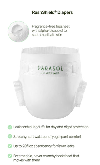 RashShield Diapers infographic with bullet points. The bullet points state that it has a stretchy, soft waistband with yoga-pant comfort. Up to 20fl oz absorbency for fewer leaks. Leak control legcuffs for day and night protection. Fragrance-free topsheet that helps protect against irritation. Breatheable, never crunchy backsheet that moves with your baby.
