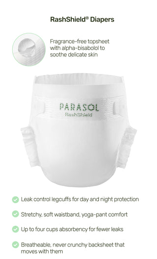 RashShield Diapers infographic with bullet points. The bullet points state that it has a stretchy, soft waistband with yoga-pant comfort. Up to four cups absorbency for fewer leaks. Leak control legcuffs for day and night protection. Fragrance-free topsheet that helps protect against irritation. Breatheable, never crunchy backsheet that moves with your baby.
