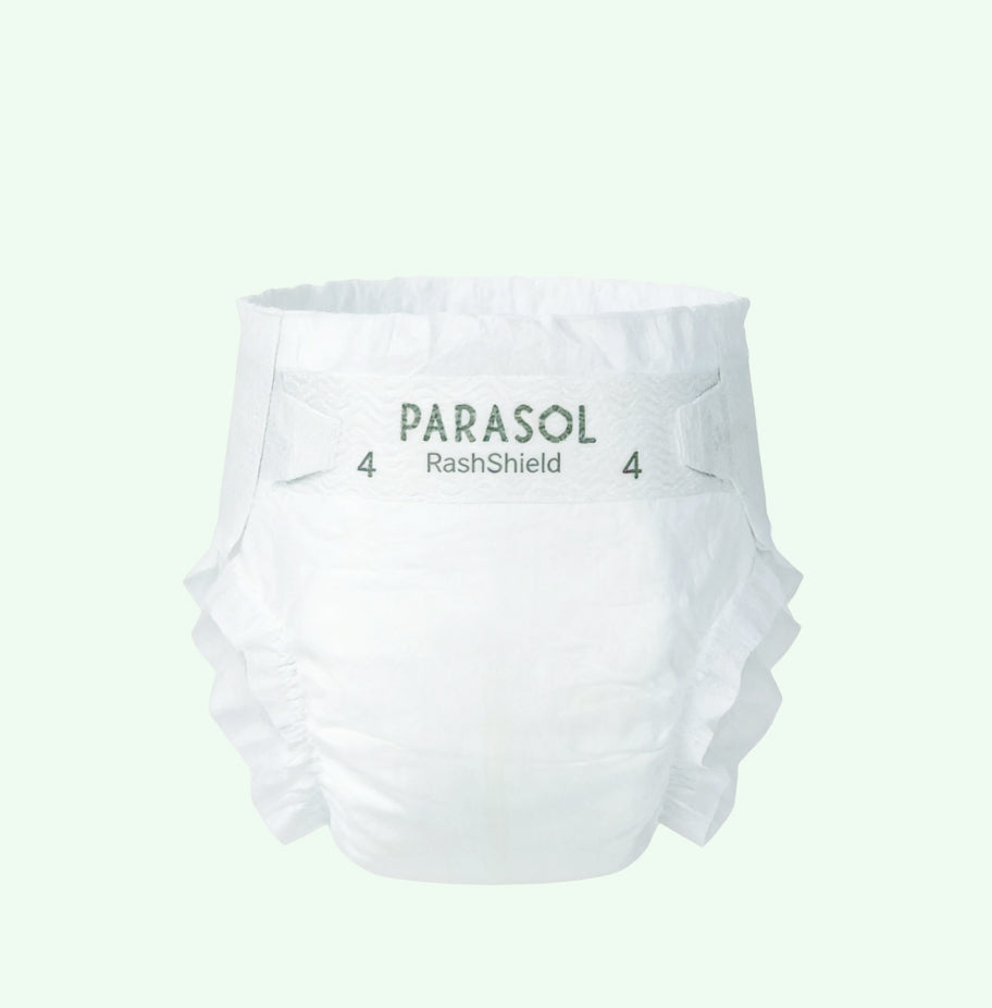 White diaper with 'PARASOL RashShield' branding on a light green background