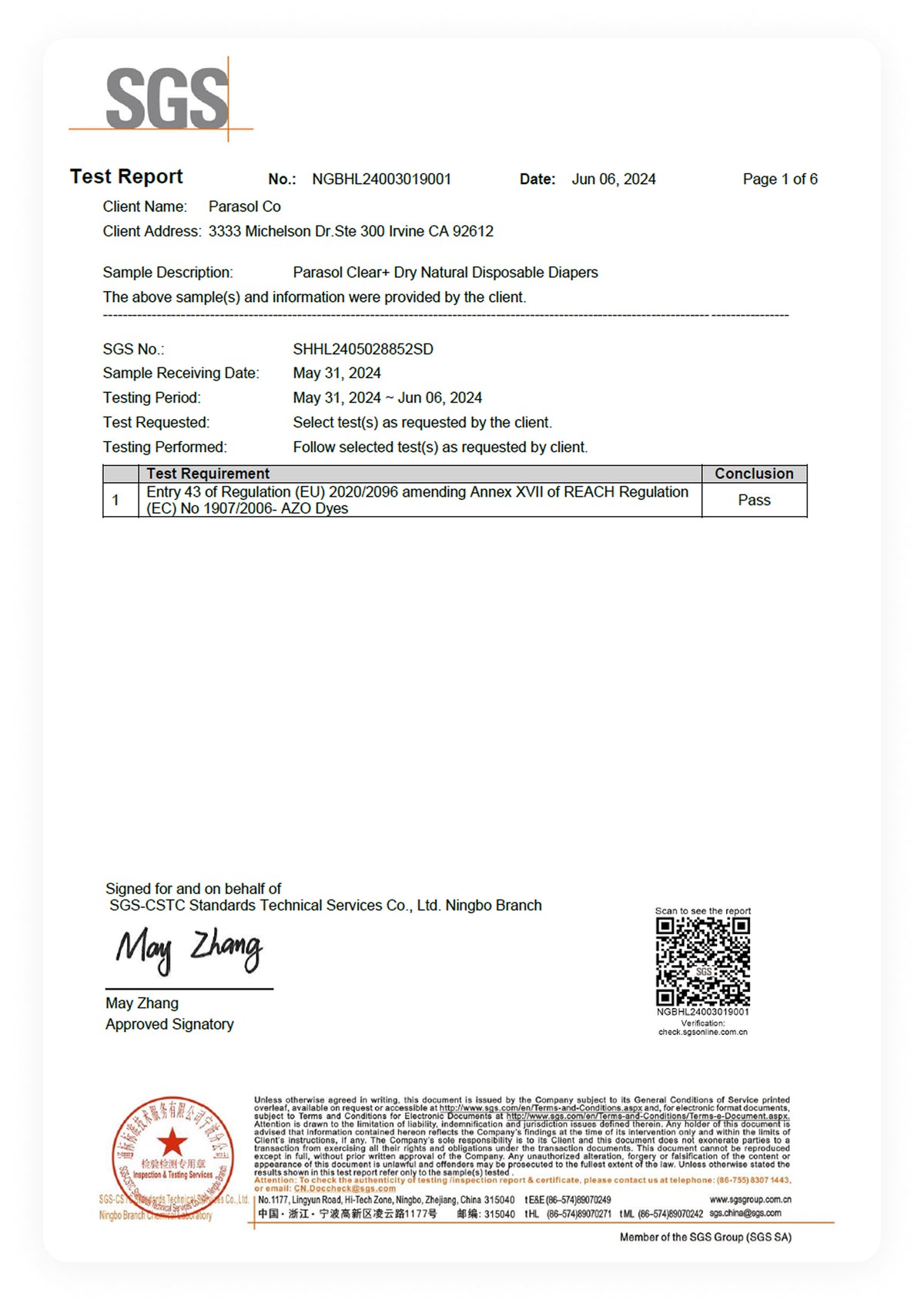 SGS test report for Parachute Clean natural disposable diapers with certification details.