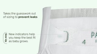Close-up of a diaper with text indicating sizing guidance and leak prevention features.
