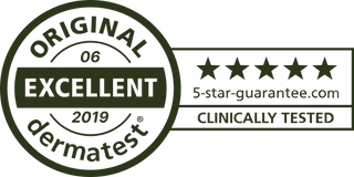 Dermatest certification logo with five stars and text on a white background
