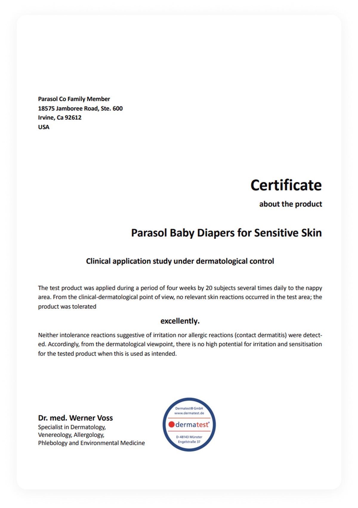 Certificate for Parachute Baby Diapers for Sensitive Skin on a white background