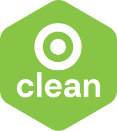 Green hexagonal logo with a white circle and the word 'clean' inside it.
