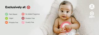 Baby sitting on a white cushion with product feature icons and text overlay.
