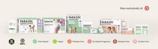 Parasol packaging with branding and product details on a white background
