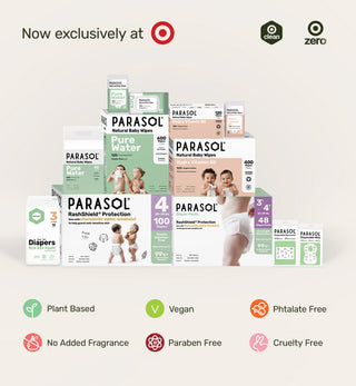 Parasol baby products including diapers and wipes displayed with Target branding.
