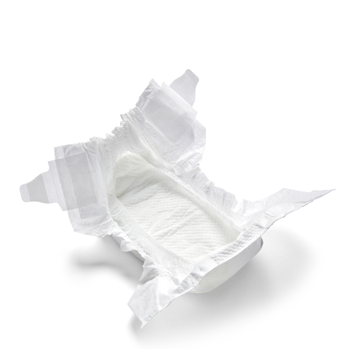 A single white disposable diaper shown on a clean white background with a soft shadow underneath.