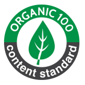 Logo of Organic 100 Content Standard with a green leaf symbol on a white background