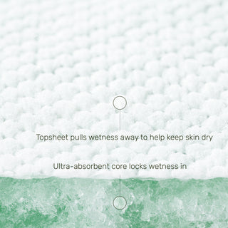 Close-up of a textured white absorbent diaper with a translucent green layer at the bottom and overlaid text explaining the wicking and locking-in effect.
